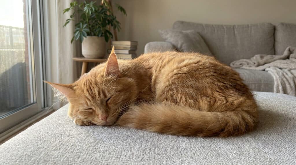 Un chat roux endormi paisiblement en boule sur un repose-pieds dans un salon lumineux.