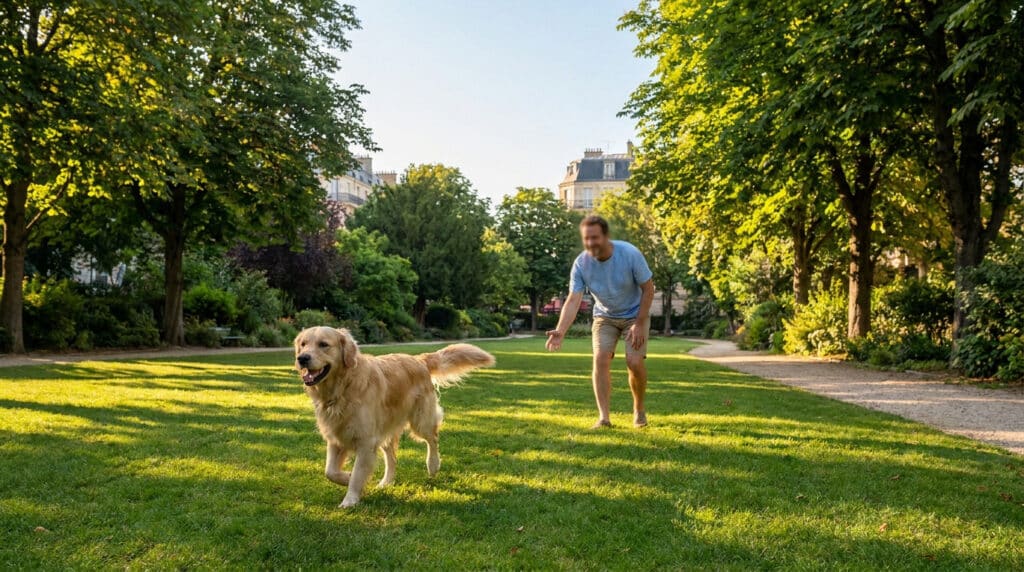 Un homme joue avec un Golden Retriever dans un parc verdoyant et ensoleillé à Boulogne-Billancourt.