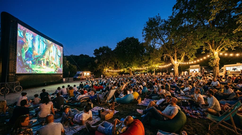 Public assis sur des poufs et chaises longues devant un écran de cinéma géant dans un parc le soir.