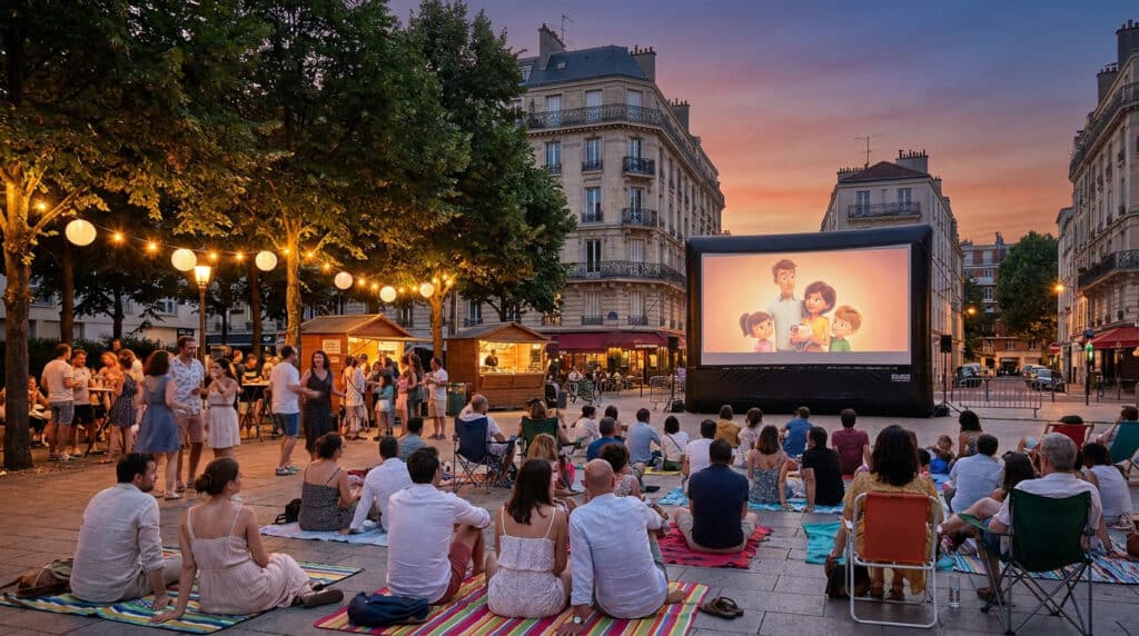 Des spectateurs assis sur des couvertures devant un écran géant diffusant un film d'animation en soirée à Boulogne.