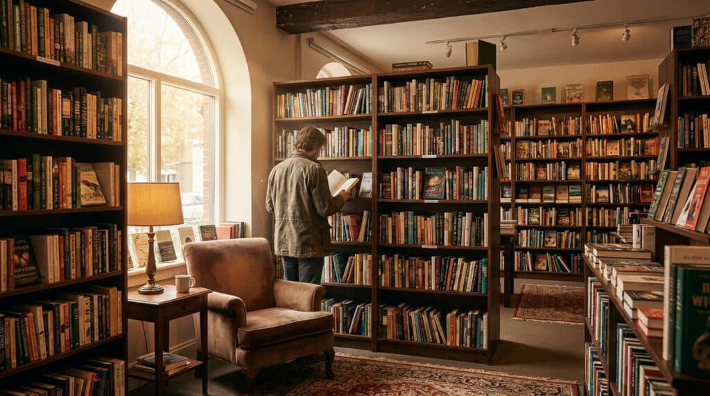 Un homme lisant un livre dans une librairie chaleureuse et lumineuse à Boulogne.
