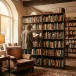Un homme lisant un livre dans une librairie chaleureuse et lumineuse à Boulogne.