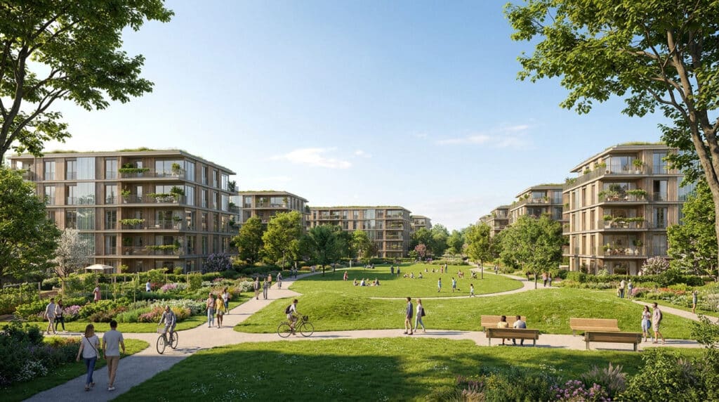 Vue d'un écoquartier moderne avec des immeubles entourés d'espaces verts et de nombreux résidents profitant du parc.