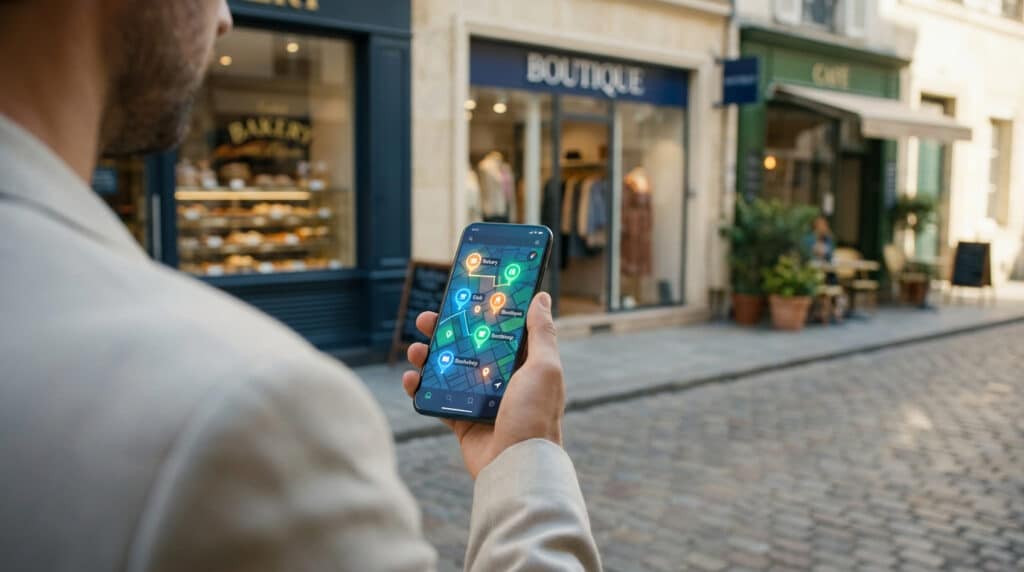 Un homme tient un smartphone affichant une carte interactive avec des épingles de commerces dans une rue commerçante.