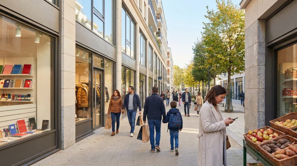 Rue commerçante animée à Boulogne-Billancourt avec des passants et des vitrines de papeterie et de fruits et légumes.