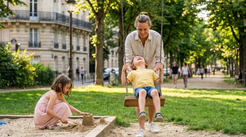 Un parent pousse son enfant sur une balançoire dans un parc à Boulogne-Billancourt, tandis qu'une petite fille joue au sable.