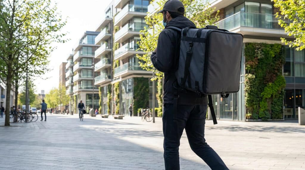 Un livreur à vélo portant un sac isotherme marche dans une rue moderne de Boulogne.