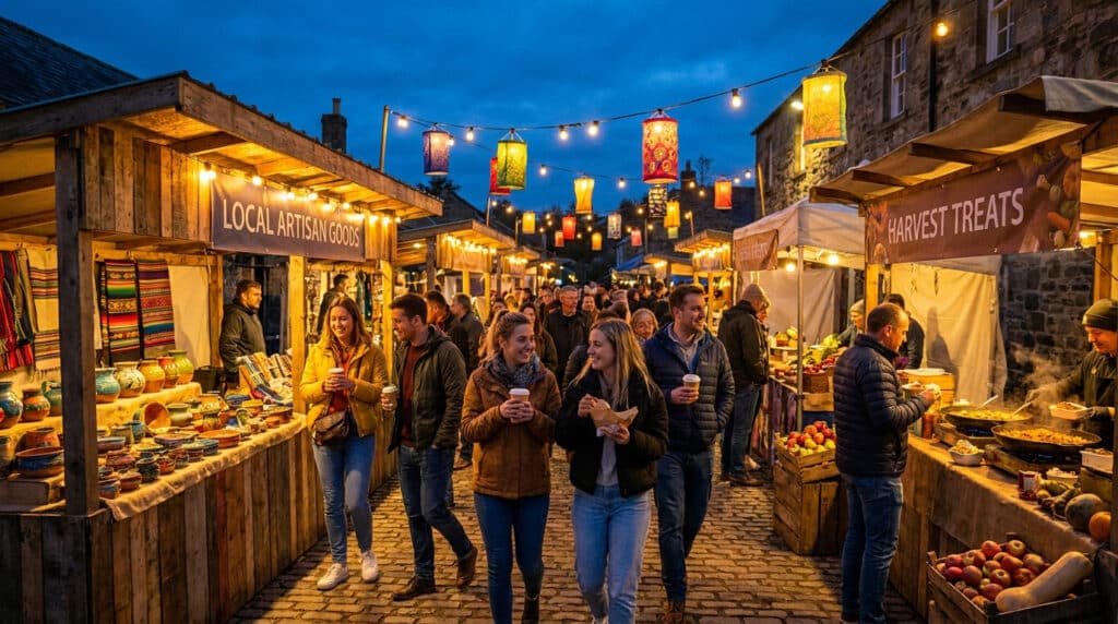 Foule animée flânant dans un marché nocturne illuminé de lanternes colorées et de stands d'artisanat et de nourriture.