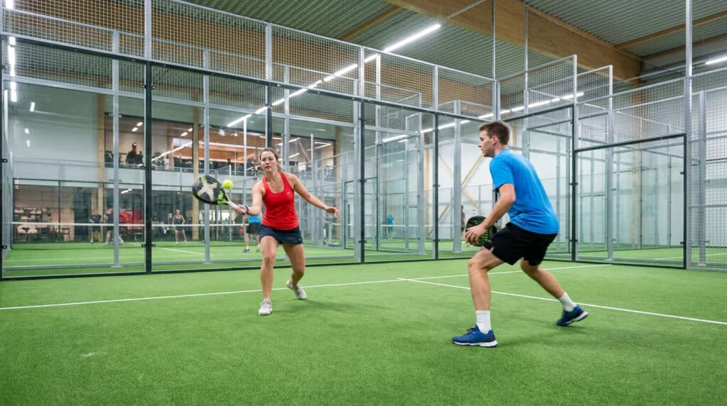 Un homme et une femme jouent au padel sur un terrain indoor moderne.