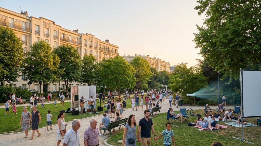 Familles et amis profitant d'une soirée en plein air avec concert et cinéma dans un parc de Boulogne-Billancourt.