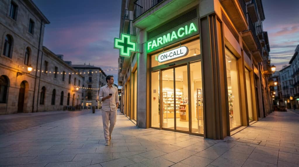 Un homme marche près d'une pharmacie ouverte en soirée dans une rue européenne au coucher du soleil.