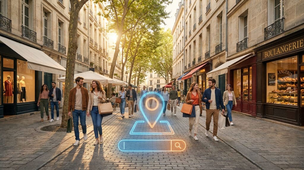 Des clients marchent dans une rue commerçante avec une icône de localisation numérique superposée au sol.
