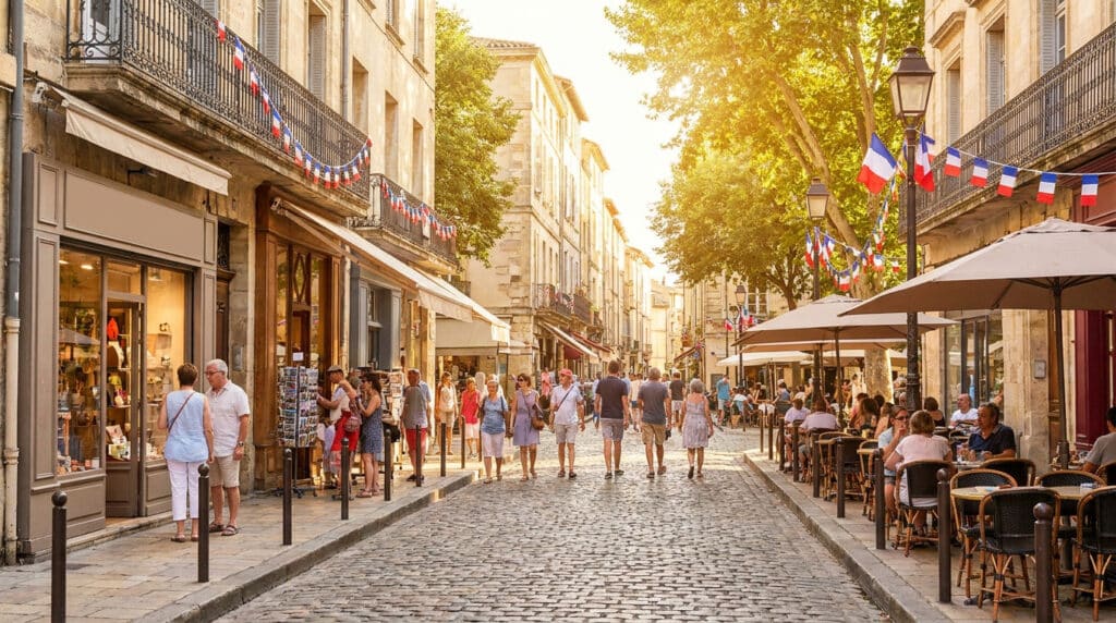 Rue pavée animée avec des commerces, des terrasses et des drapeaux français pour le 14 juillet.