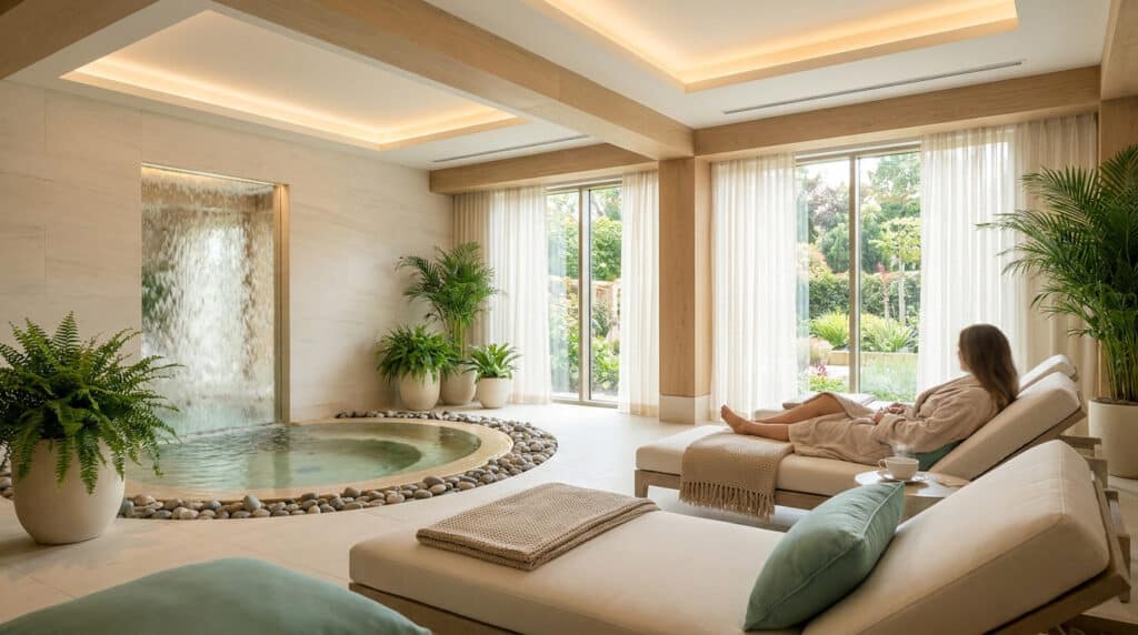 Une femme se détend sur une chaise longue dans un spa lumineux avec une fontaine intérieure et des plantes.