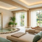 Une femme se détend sur une chaise longue dans un spa lumineux avec une fontaine intérieure et des plantes.