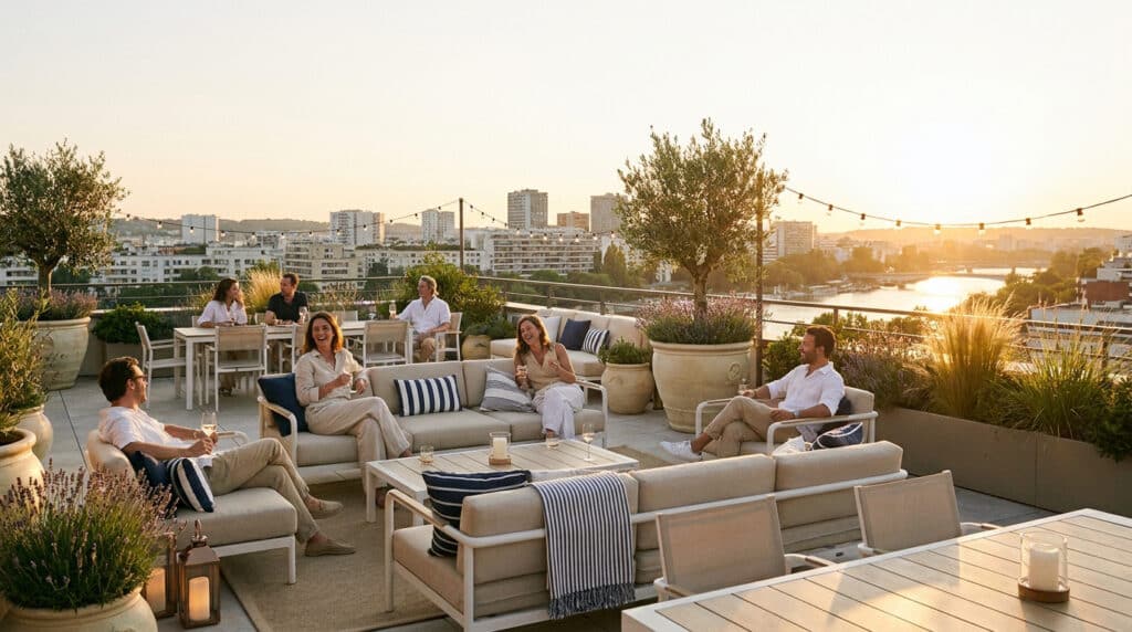 Groupe d'amis détendu sur un rooftop élégant avec vue panoramique au coucher du soleil.