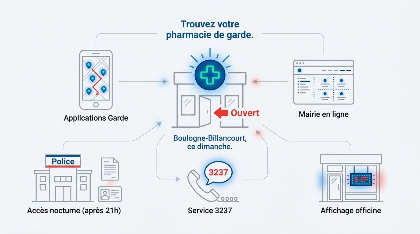 Localisation d'une pharmacie de garde à Boulogne-Billancourt avec une signalétique lumineuse verte