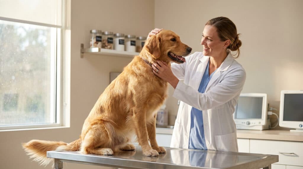 Une vétérinaire souriante examine un golden retriever sur une table d'examen dans un cabinet médical lumineux.