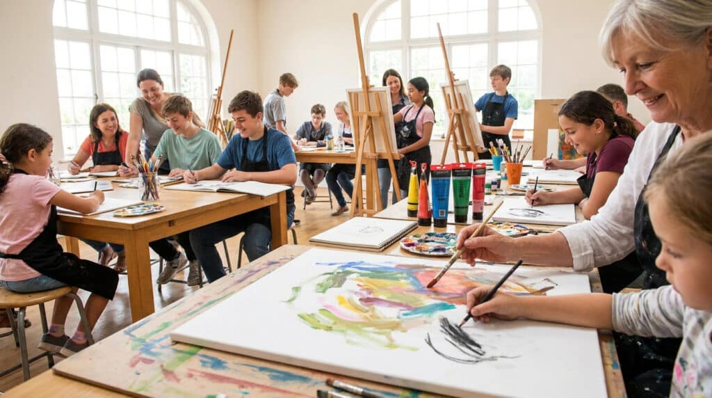 Groupe d'enfants et d'adultes dessinant et peignant sur des chevalets dans un atelier artistique lumineux.