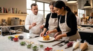 Un chef pâtissier guide deux étudiantes disposant des fruits sur un dessert dans une cuisine professionnelle moderne.