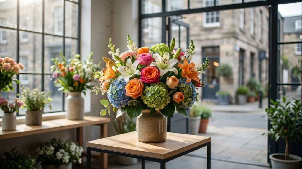 Magnifique bouquet de fleurs colorées dans un vase en céramique au centre d'une boutique de fleurs lumineuse.