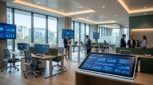 Bureaux modernes et connectés à Boulogne-Billancourt avec écrans de données et collaborateurs en espace de coworking.