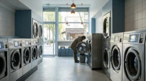 Intérieur d'une laverie lumineuse à Boulogne-Billancourt avec des machines à laver en acier inoxydable et une cliente.