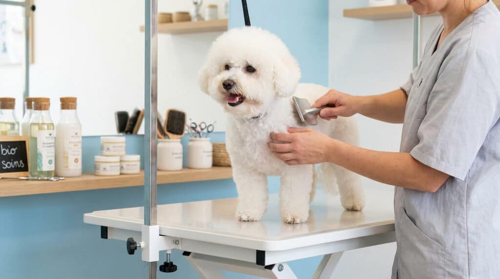 Un toiletteur brosse un petit chien blanc sur une table de soin dans un salon professionnel.