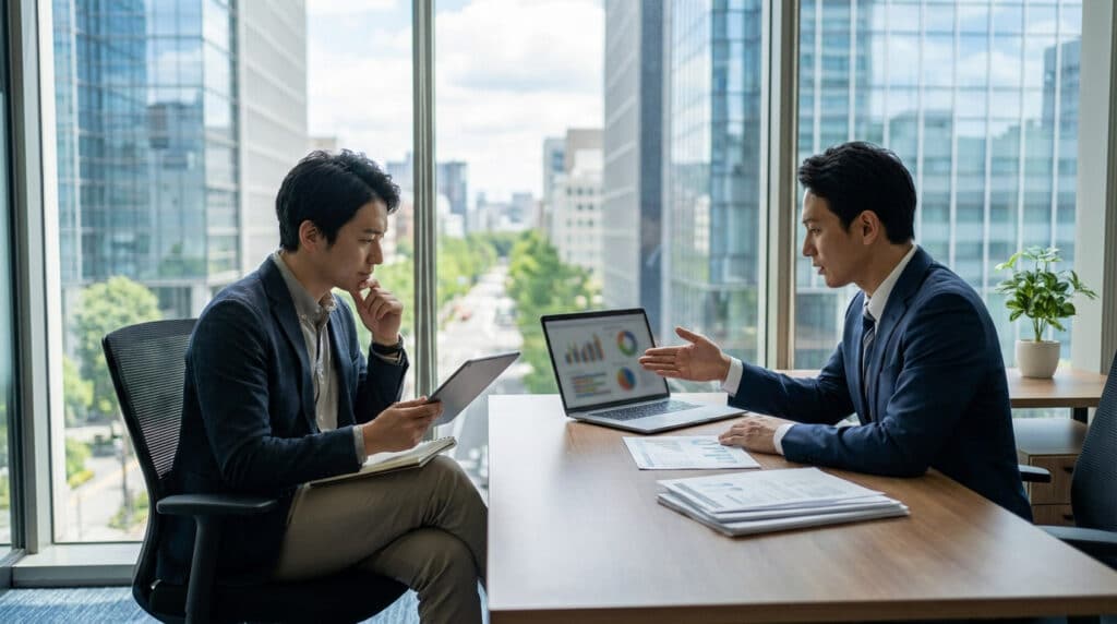Deux hommes d'affaires en réunion dans un bureau moderne avec vue sur la ville.