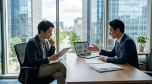 Deux hommes d'affaires en réunion dans un bureau moderne avec vue sur la ville.