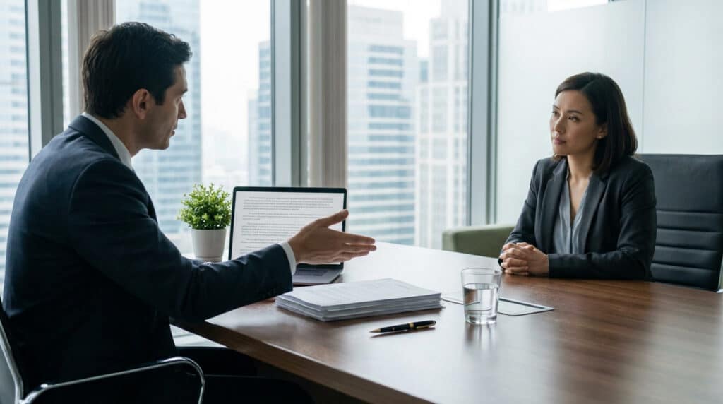 Un avocat en costume discute avec une cliente dans un bureau moderne avec vue sur la ville.