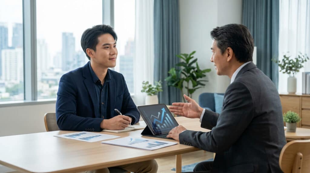 Un conseiller financier présente des graphiques de croissance sur une tablette à un jeune entrepreneur.