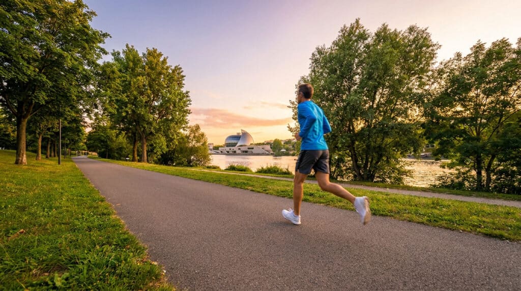Un coureur en tenue bleue court sur une allée arborée en bord de Seine à Boulogne-Billancourt au coucher du soleil.