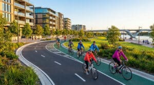 Groupe de cyclistes roulant sur une piste aménagée le long de nouveaux immeubles résidentiels et d'un parc en bord de Seine.