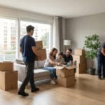 Une famille souriante dans son nouveau salon entourée de déménageurs professionnels et de cartons.