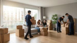 Une famille souriante dans son nouveau salon entourée de déménageurs professionnels et de cartons.
