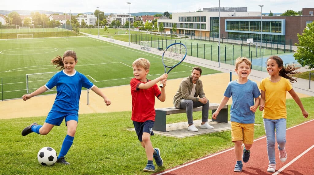 Enfants pratiquant diverses activités sportives dans un complexe moderne avec un éducateur en arrière-plan.