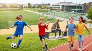 Enfants pratiquant diverses activités sportives dans un complexe moderne avec un éducateur en arrière-plan.