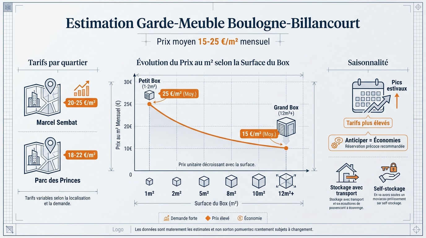 Estimation des tarifs de garde-meuble à Boulogne-Billancourt selon la surface et le volume