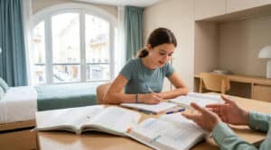 Une élève concentrée travaille avec son tuteur sur des manuels scolaires à une table dans une chambre lumineuse.