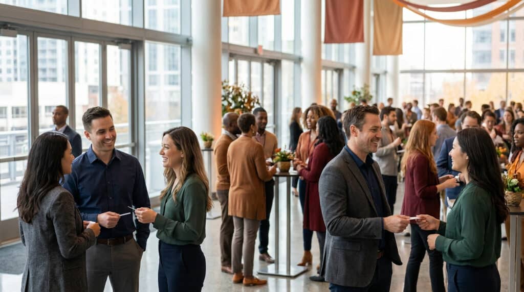 Groupe de professionnels échangeant des cartes de visite lors d'un événement de réseautage dans un hall lumineux.