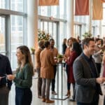 Groupe de professionnels échangeant des cartes de visite lors d'un événement de réseautage dans un hall lumineux.