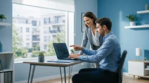 Un homme et une femme travaillant ensemble sur un ordinateur portable dans un bureau moderne et lumineux.