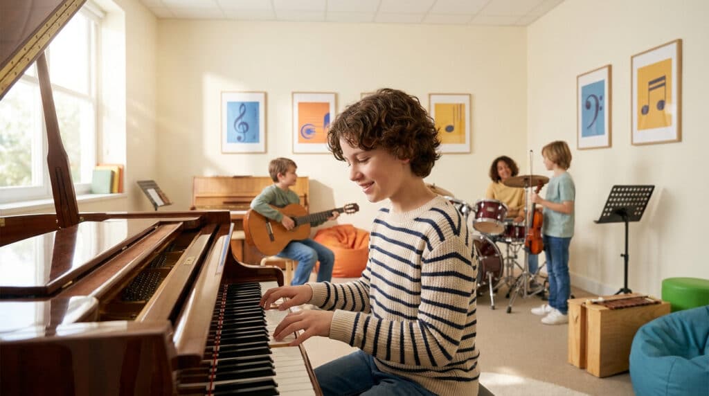 Un jeune garçon joue du piano dans une salle de musique entouré d'autres enfants pratiquant divers instruments.