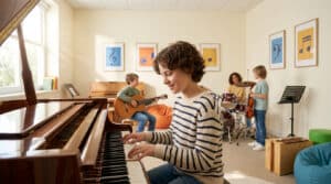 Un jeune garçon joue du piano dans une salle de musique entouré d'autres enfants pratiquant divers instruments.