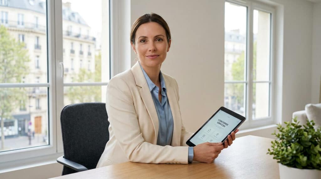 Une femme d'affaires souriante présentant une application de conciergerie sur une tablette numérique.