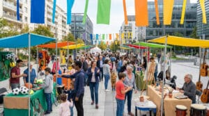 Stands colorés du forum des associations à Boulogne avec des personnes discutant et pratiquant des activités.