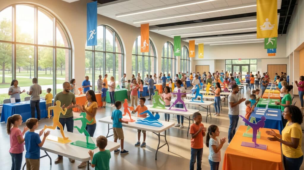Forum sportif lumineux avec des stands colorés et des figurines représentant diverses activités physiques.