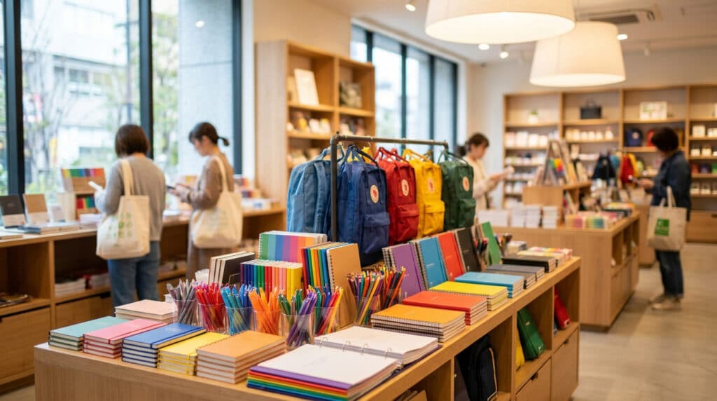 Magasin de papeterie lumineux proposant des cahiers, stylos colorés et sacs à dos pour la rentrée scolaire.