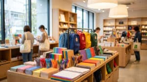 Magasin de papeterie lumineux proposant des cahiers, stylos colorés et sacs à dos pour la rentrée scolaire.